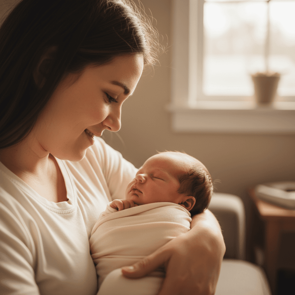 Parent holding sleeping newborn in warm light