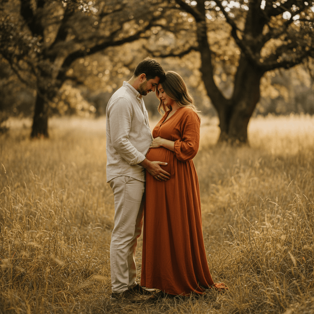 Expecting couple embracing with hands on belly