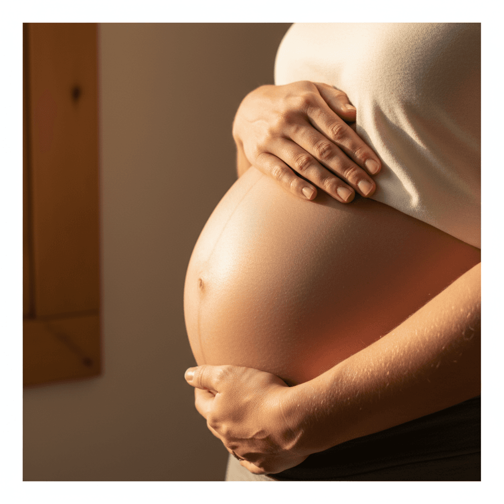 Expecting parent cradling belly in natural light