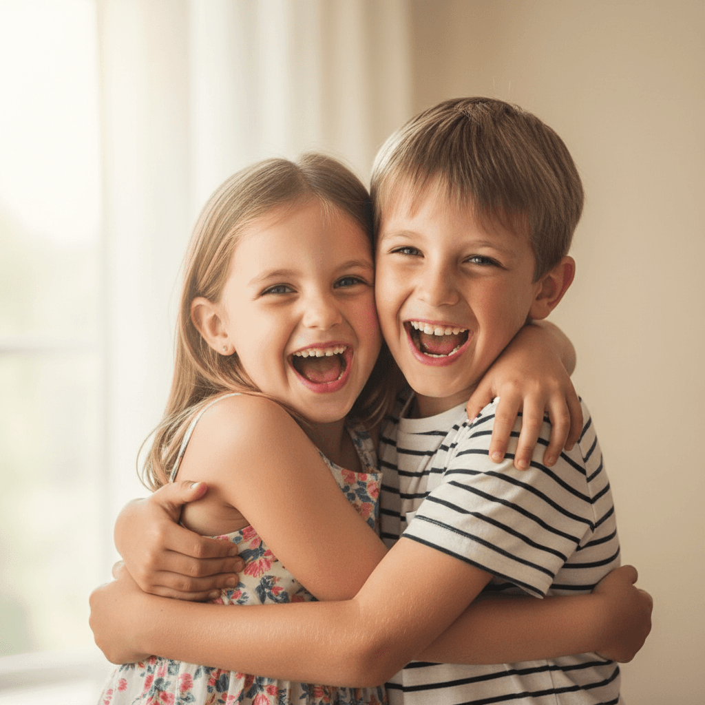Two siblings hugging and laughing together