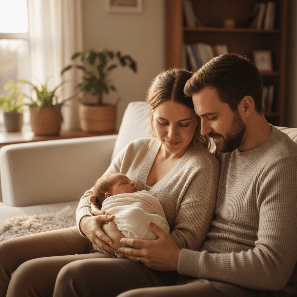 Parents gazing at newborn together