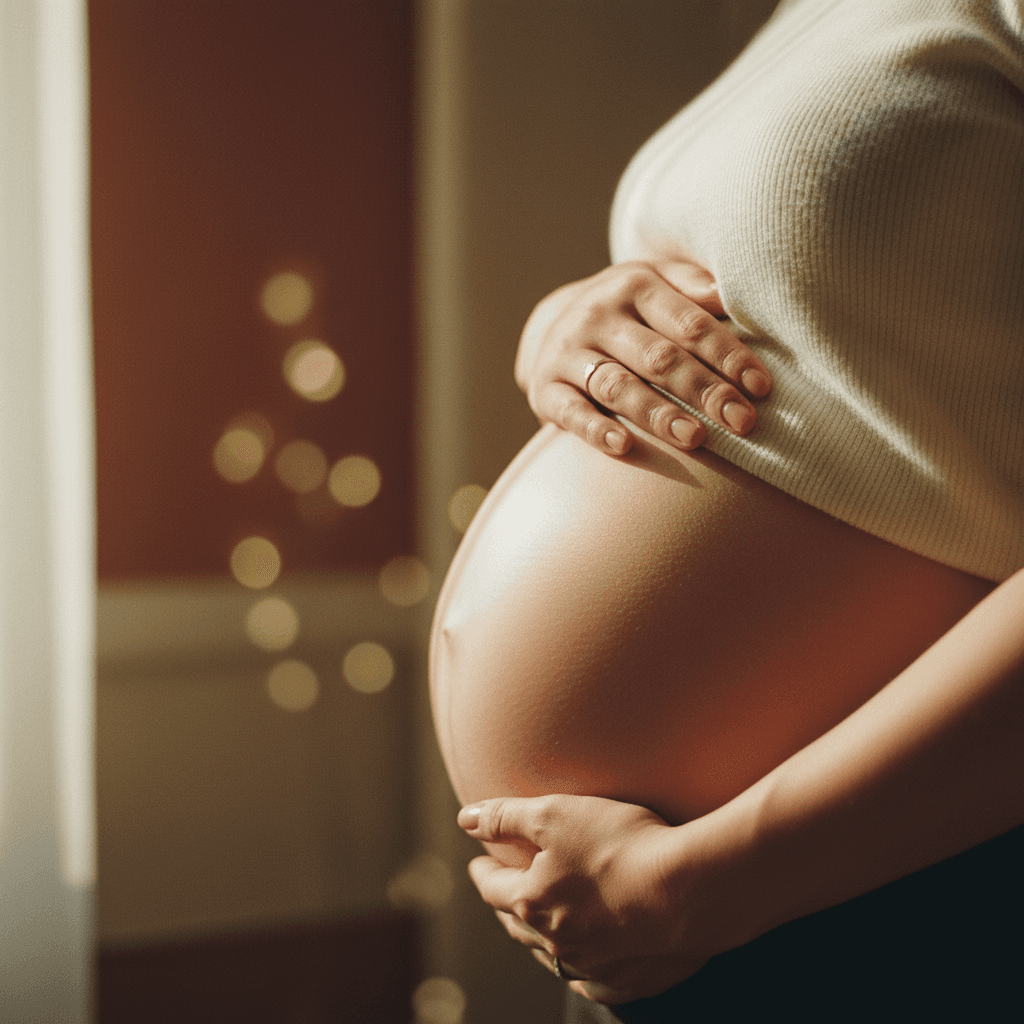 Pregnant woman cradling her belly in soft natural light