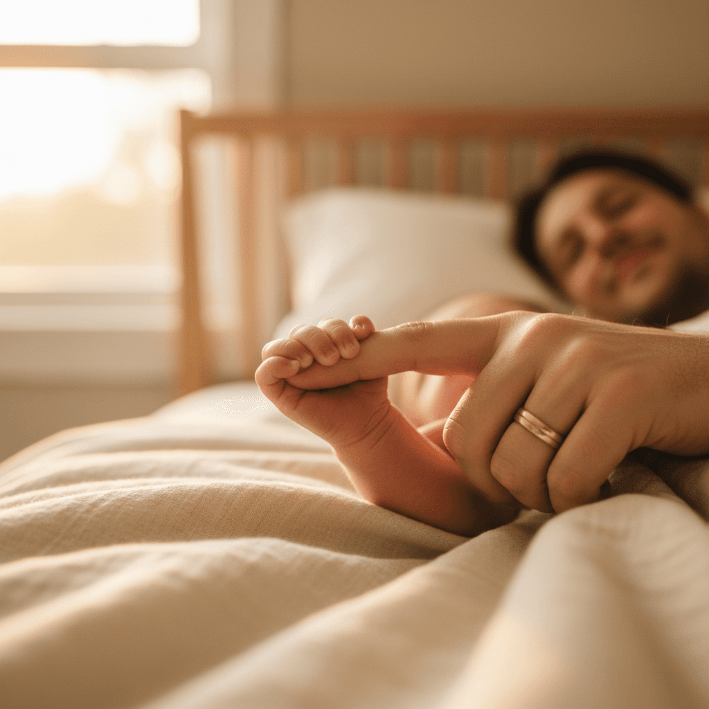 Newborn baby's hand grasping parent's finger in intimate moment