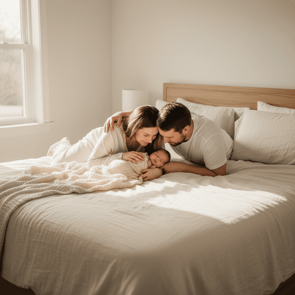 New parents sharing a tender moment gazing at their newborn together