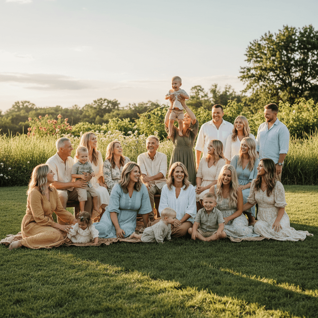 Three-generation family on outdoor lawn
