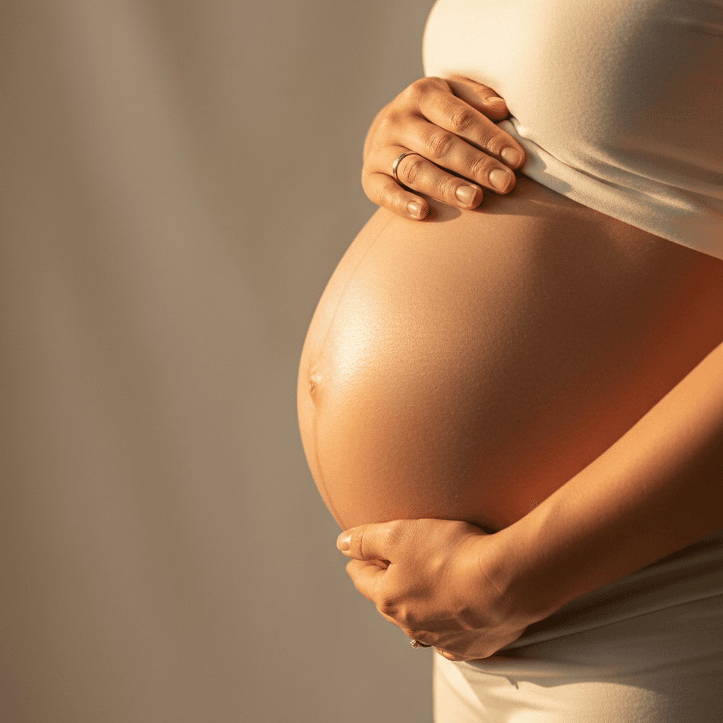 Pregnant woman cradling her belly in soft golden light