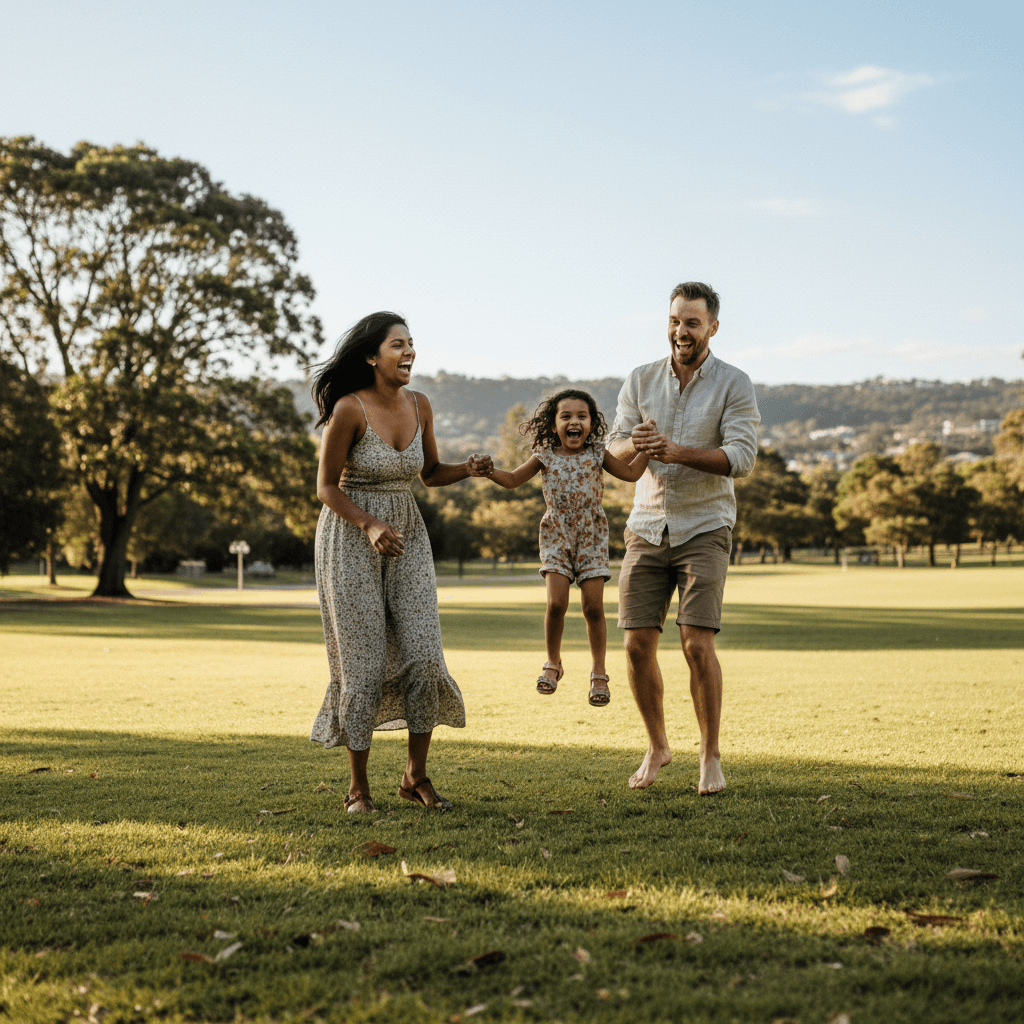 Family of three laughing together outdoors in natural sunlight