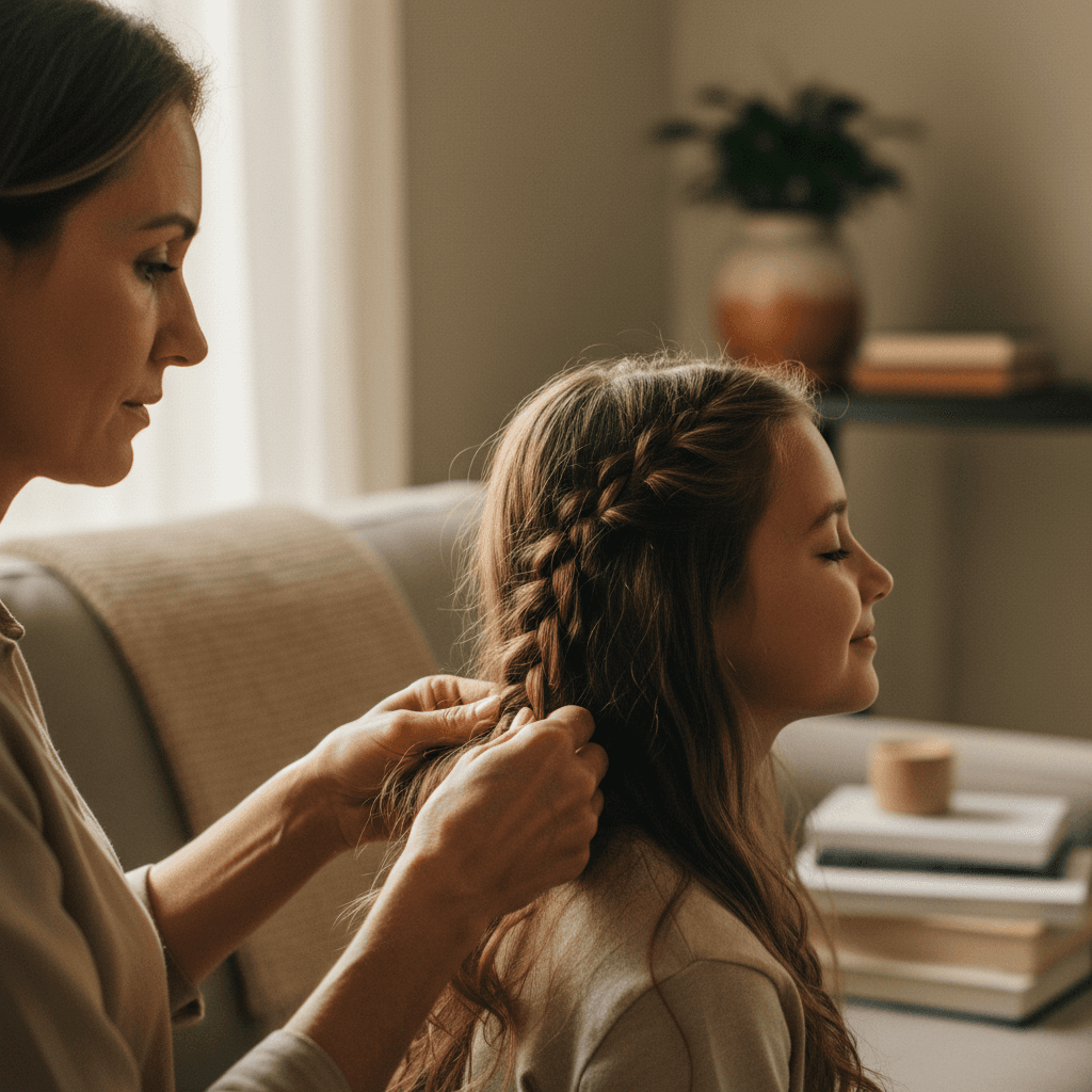 Mother braiding daughter's hair