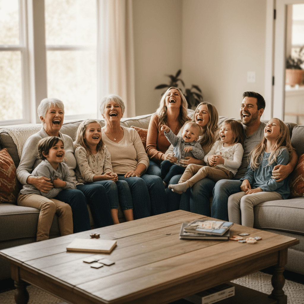 Extended family laughing together on living room sofa