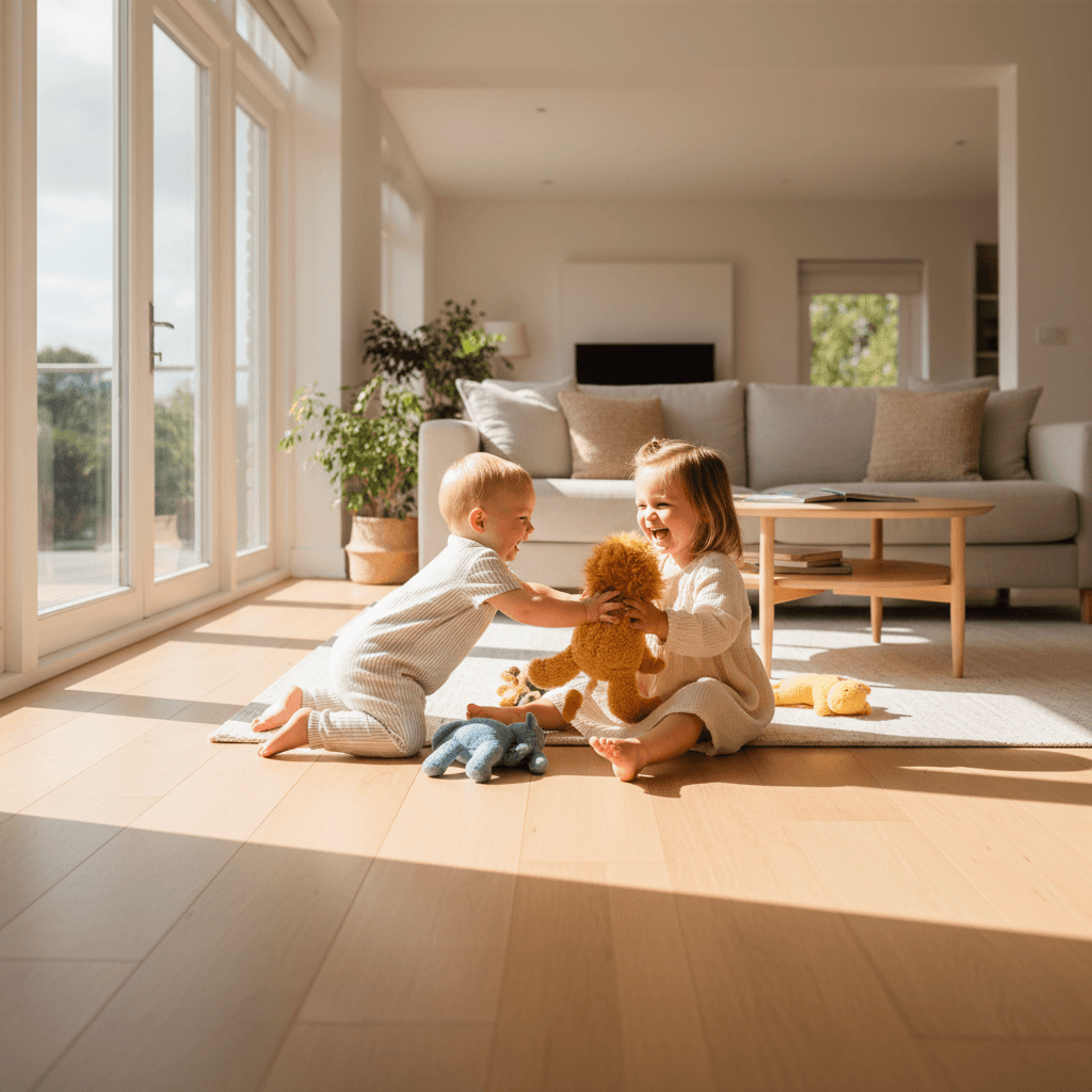 Young siblings playing together in sunlit living room