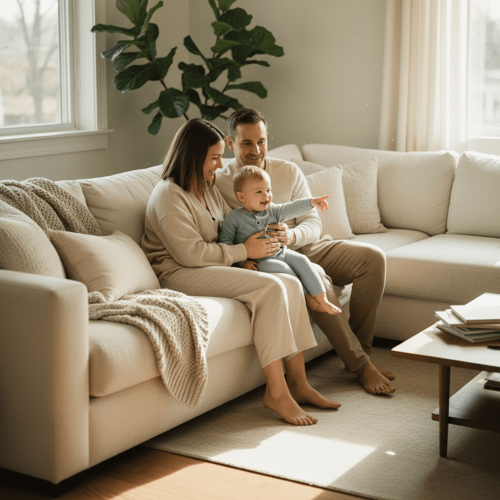 Family of three relaxing together at home