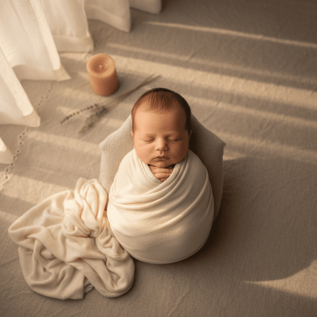 Peacefully sleeping newborn wrapped in soft cream fabric