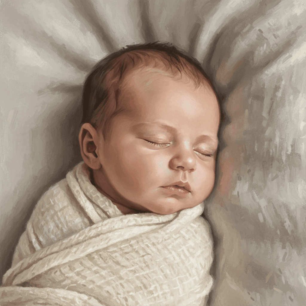 Sleeping newborn peacefully swaddled in soft white blanket