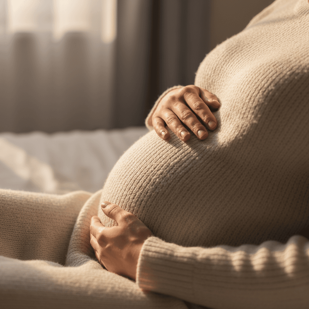 Pregnant woman cradling belly in natural light