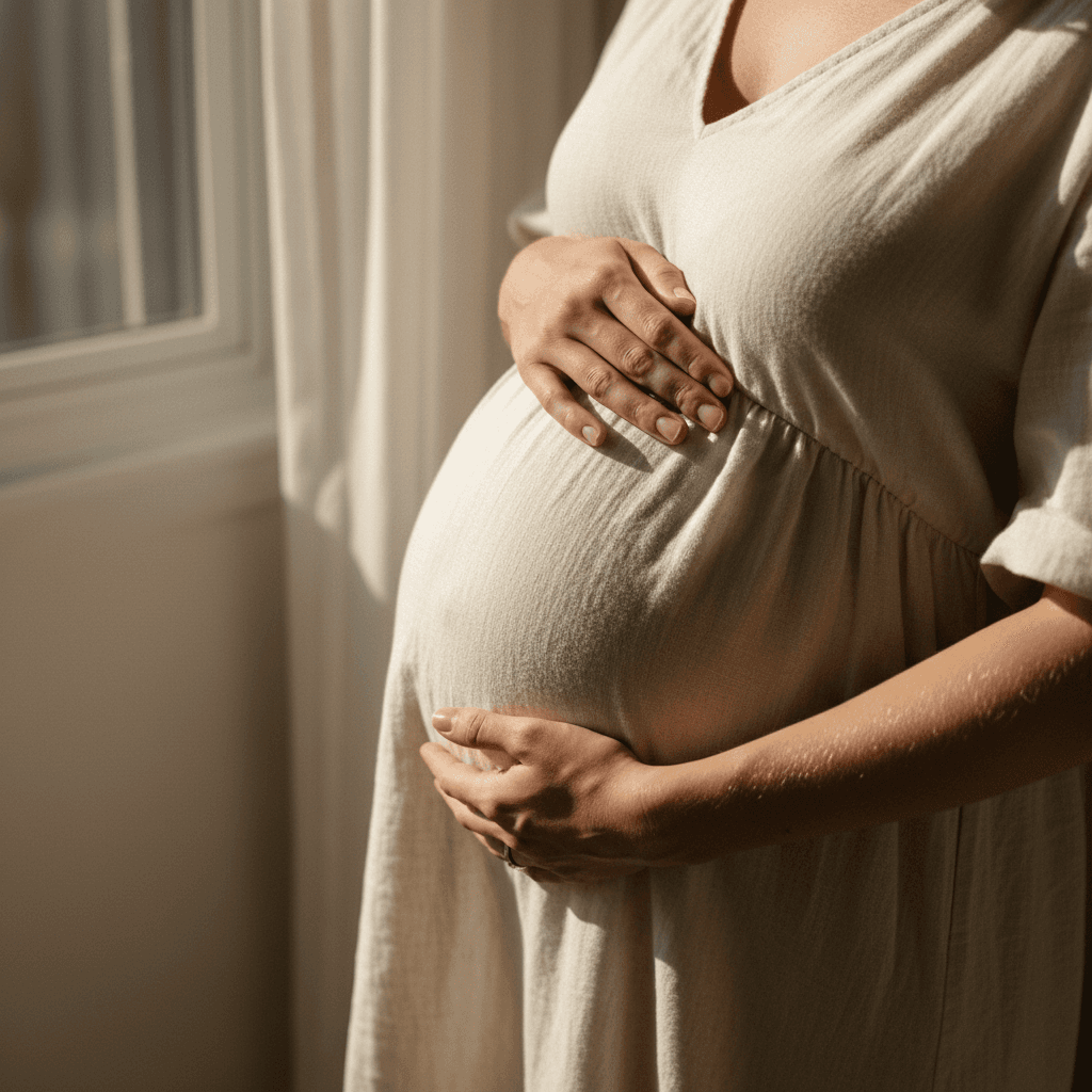 Hands clasped over pregnant belly in natural light