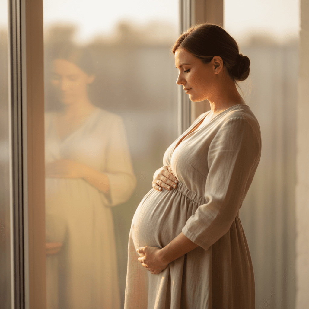 Pregnant mother in profile by window light