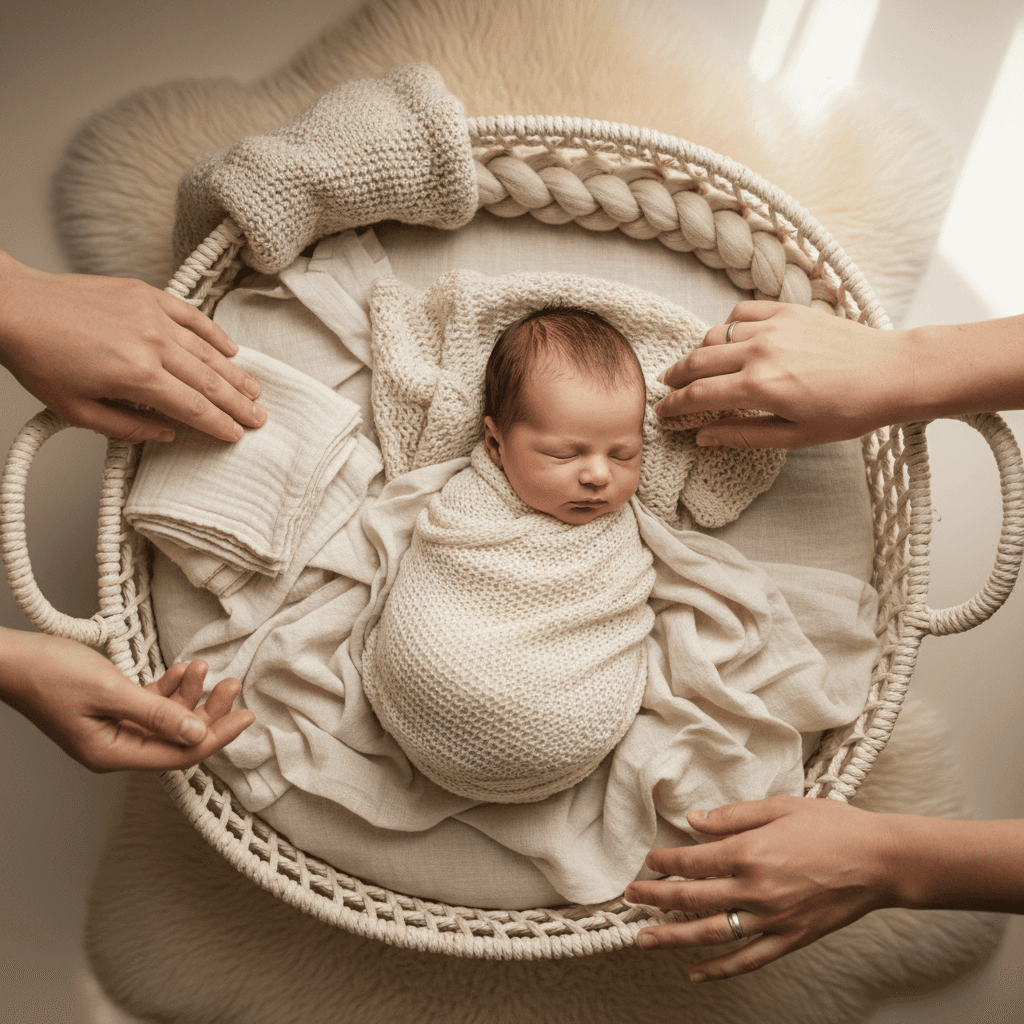 Newborn resting peacefully in woven bassinet with soft linens