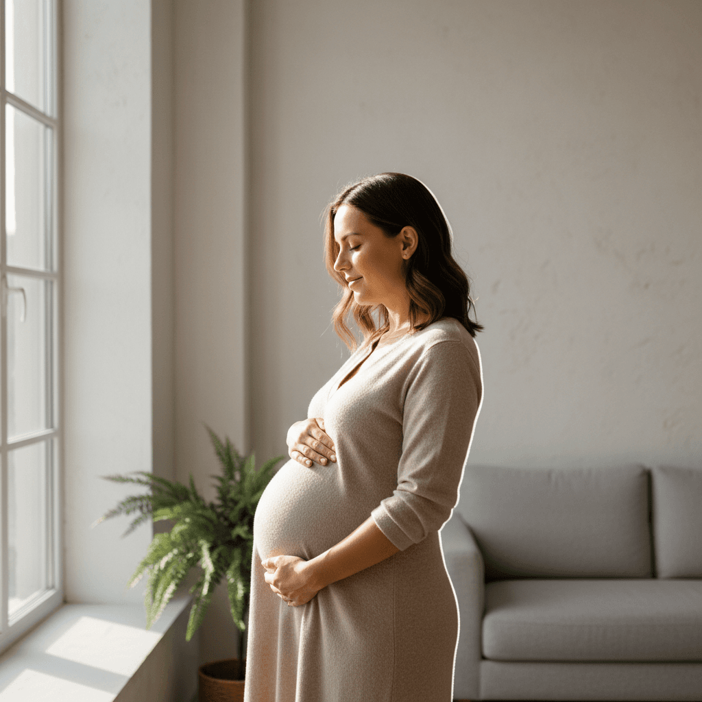 Expecting mother in maternity portrait with natural window lighting