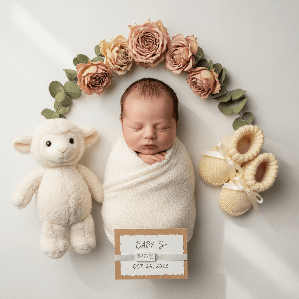 Newborn surrounded by meaningful first-day keepsakes and soft details